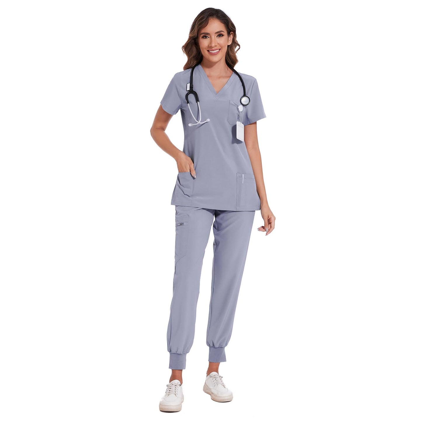 COZYFIT Scrubs for Women Set - Stretch V-Neck Scrub Top & Jogger Pant with 8 Pockets, Yoga Waistband, Anti Wrinkle, Slim Fit Women Scrubs - Light Grey, S