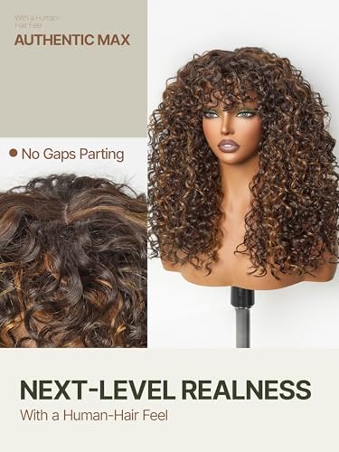 Frodio Bouncy Curly Wig with Bangs – 20 Inch Brown Glueless Headband Wig for Women