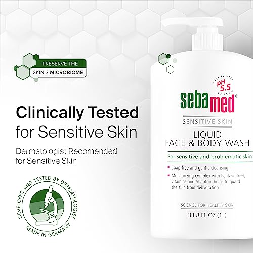 Sebamed Liquid Face and Body Wash For Sensitive Skin pH 5.5 Mild Gentle Hydrating Cleanser Hypoallergenic Dermatologist Recommended 33.8 Fluid Ounces (1 Liter) For Healthier Smoother Skin