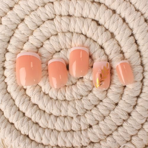 French Press On Nails Short Square Soft Pink White Tip Gold Leaf 30Pcs