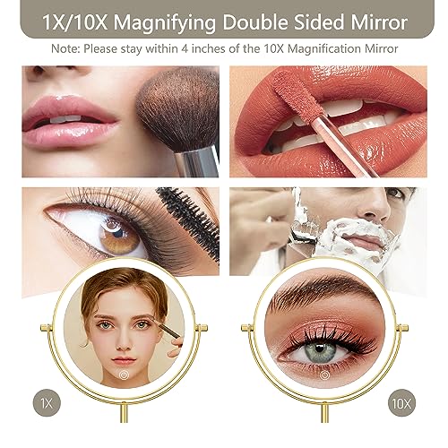8" Lighted Makeup Mirror, 1X/10X Magnification Mirror with Lights, Double Sided Dimmable Mirrors, Rechargeable & Brightness & Height Adjustable, Cordless Vanity Mirror(Gold)