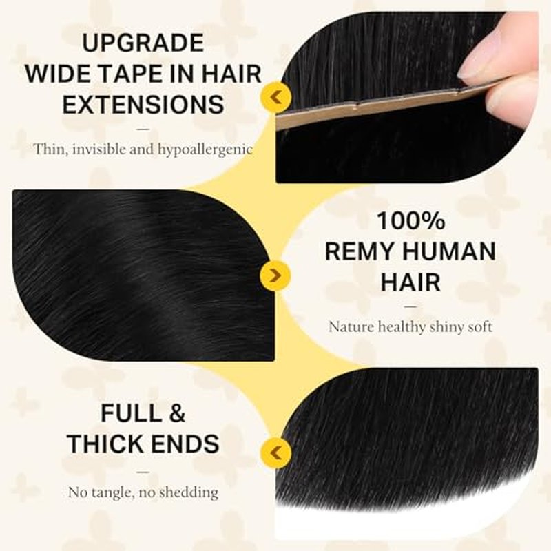DOORES 14 Inch Tape In Hair Extensions - Jet Black Remy Human Hair, 10pcs