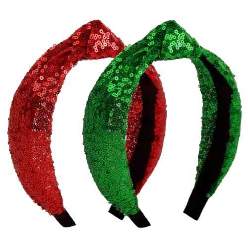 Huachi Christmas Headbands for Women Girls Top Knot Headband Sparkly Sequin Knotted Head Bands for Women¡¯s Hair Accessories Holiday Red Green Hairbands Turban Christmas Gifts