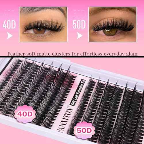 FANXITON DIY Lash Extension Kit Volume Lash Clusters 40D+50D D Curvature Individual Lashes Lash Clusters Kit Thick Eyelash Extension Kit 280 pcs Thin Band Cluster Lashes Lash Bond and Seal Tweezers