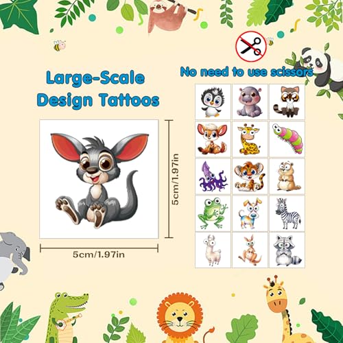 Large Temporary Tattoos for Kids, 80 Cartoon Animal Designs, 2" Stickers