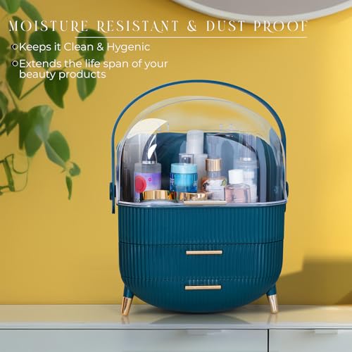 Makeup Cosmetic Organizer Box with Drawer Storage - Plastic Oval Storage Organizer with Turn Lock, Large Capacity for Women¡¯s Skincare and Beauty Products (Green)