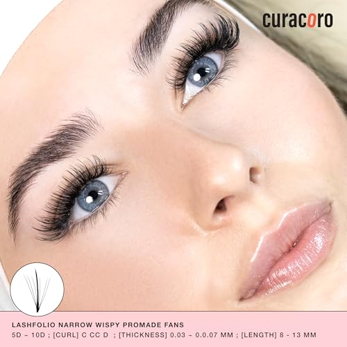 Curacoro LashFolio Triple Spike Promade Fans, Handmade Volume Eyelashes, 5D To 10D, C CC D Curl, 0.03~0.07 mm, 8-13mm Mix Length, Professional Long-Lasting Promade Lash Fans (5D-0.07 D 8mm-13mm)