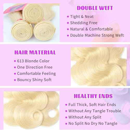 613 Bundles Human Hair 24 26 28 Inch Blonde Bundles Human Hair 100% Unprocessed 12A Grade Brazilian Virgin Raw Weave Bundles 3 Bundles Blonde Body Wave Human Hair Extensions for Women