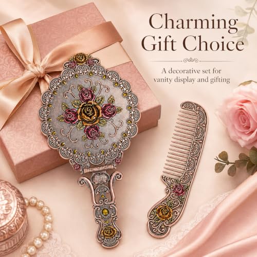 Vintage Hand Mirror & Comb Set - Antique Embossed Rose Design