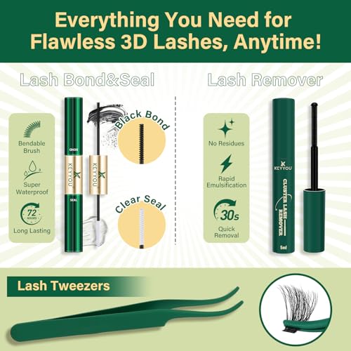 KEYYOU LASH Clusters Kit 3D Effect 231pcs Eyelash Clusters 100D200D Mix 10-18mm D Curl Individual Lash Extension Kit Wispy Natural Volume Cluster Lashes Soft (3D Kit-100D200D-D-10-18MIX)