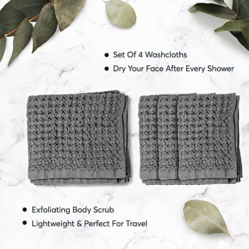 SUTERA - Wash Towels Extra Absorbent Silverthread Washcloths Set - Pack of 4 Grey - 100% CA-Grown Cotton - Luxury Soft Durable Quick Drying Fabric Bathroom Face Cloths