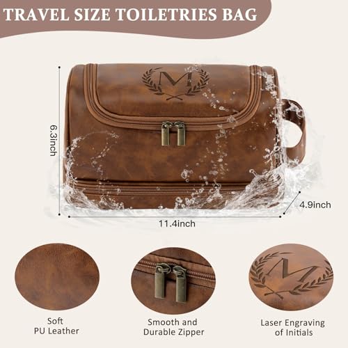 Personalized Christmas Birthday Gifts Toiletry Bag for Men Dad Husband, Custom Initial PU Leather Waterproof Toiletry Organizer Dopp Kit Shaving Bag Travel Essential for Men, Light Brown J