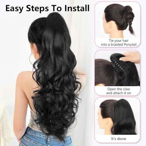 ALXNAN Ponytail Extension,24 Inch Claw Clip in Long Curly Wavy Black Ponytail Hair Extension Jaw Clip on Pony Tails Hairpiece for Women