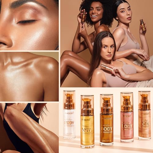 PHOERA Body Shimmer Oil, Body Bronzer Shimmer Oil,Body Glow Oil Shimmer Highlighter Luminizer Body Illuminator with Makup Bursh,Self Tanning Lotion,1oz/Jars (101 Rose Gold)