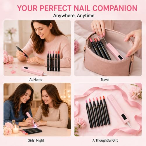3-in-1 Quick-Dry Gel Nail Polish Pen Set with Fine Tip, 6 Colors