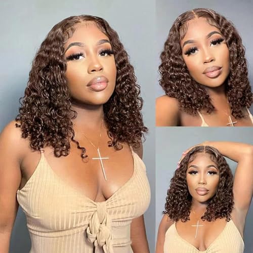 Maytune Glueless 10-Inch Deep Wave Curly Bob Wig Human Hair pre Plucked Brown