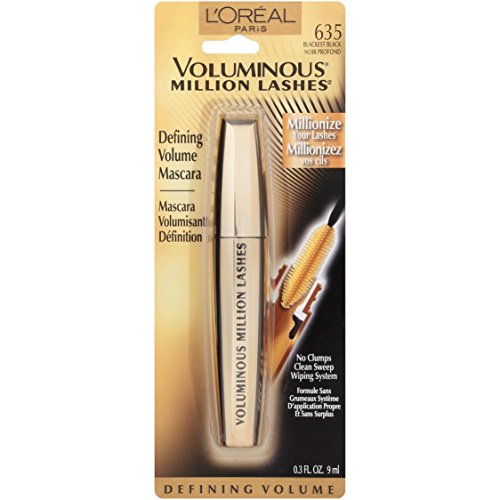 L¡¯Oreal Paris Makeup Voluminous Million Lashes Mascara, Volumizing Collagen Infused Eye Makeup, Amplifying Mascara Brush, Washable, Blackest Black, 0.3 Fl Oz., 1 Count
