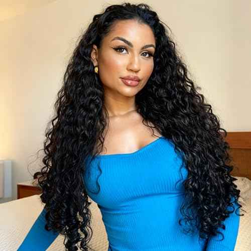 Deep Wave Half Wig Human Hair 3 In 1 Seamless Flip Over Half Wigs 180 Density 26 Inch Drawstring Curly Half Wigs for Women Human Hair Glueless Wear and Go Half Up Half Down Headband Wig Human Hair