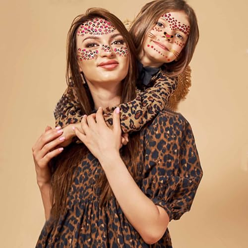 8 Sheets Gold Glitter Leopard Face Temporary Tattoos Stickers, Glitter Fake Cheetah Face Whisker Tattoos Stickers for Halloween Costume Makeup for Kids Adults Women Men