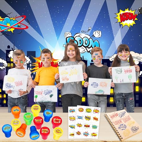 Superhero Party Favors Set - 24 Tattoos & 12 Stamps