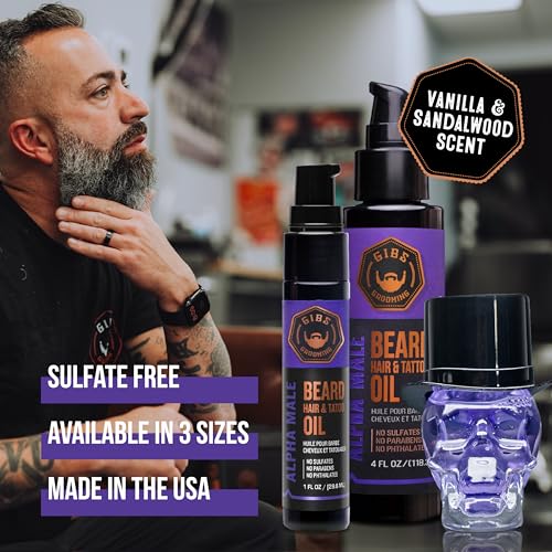 GIBS Beard, Hair & Tattoo Oil - Softens & Strengthens Beard Growth, Moisturizes Skin (4 Scents, 2 Sizes)