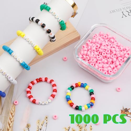 Auvoau 1000Pcs Pony Beads Bracelet 9mm Pink Plastic Barrel Pony Beads for Necklace,Hair Beads for Braids for Girls,Key Chain,Jewelry Making (Pink)