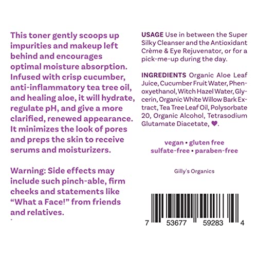 Made in USA Cucumber & Witch Hazel Toner Spray for Face ? Gilly¡¯s Organics Natural Astringent with Aloe & Tea Tree ? Pore Minimizer, Acne Mist, Hydrating Primer & Moisturizer, 3 fl oz