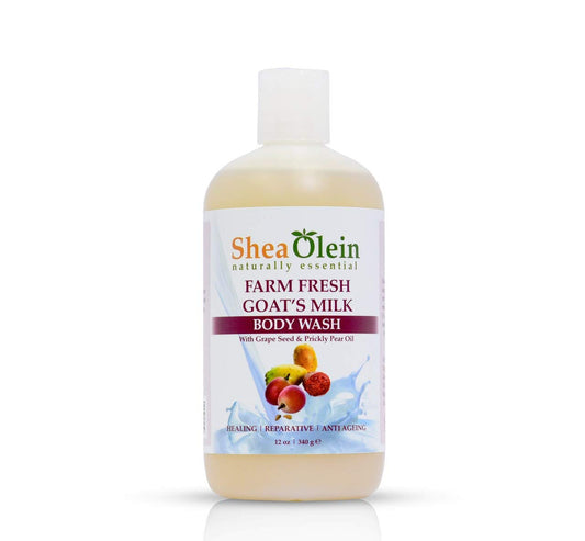 Shea Olein Organic Bath Body Wash Shower Gels (Farm Fresh Goat's Milk Body Wash W/ Grape Seed & Prickly Pear Oil, 12oz)