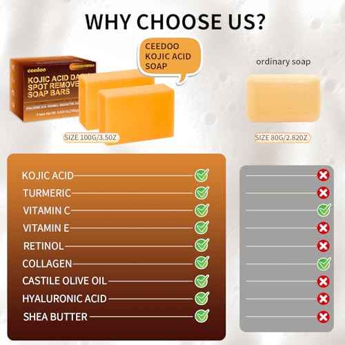 Kojic Acid Soap for Dark Spot Remover Bars with Turmeric, Vitamin C, Retinol, Collagen with Hyaluronic Acid, Vitamin E, Shea Butter, Castile Olive Oil - 3.52 OZ x 2 Bars