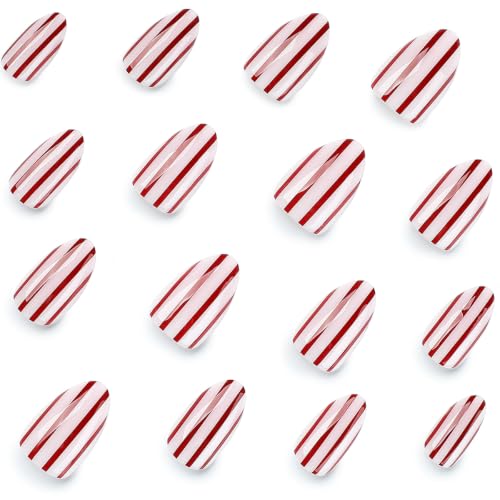 Red Striped Short Almond Press On Nails - 24Pcs Kit