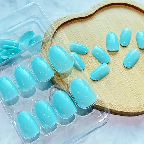 Light Blue Press on Nails Short Fake Nails with Nail Glue Glossy with Oval Design Stick on Nails Full Cover Reusable Artificial Nails Glue on Nails for Women Girls 24pcs