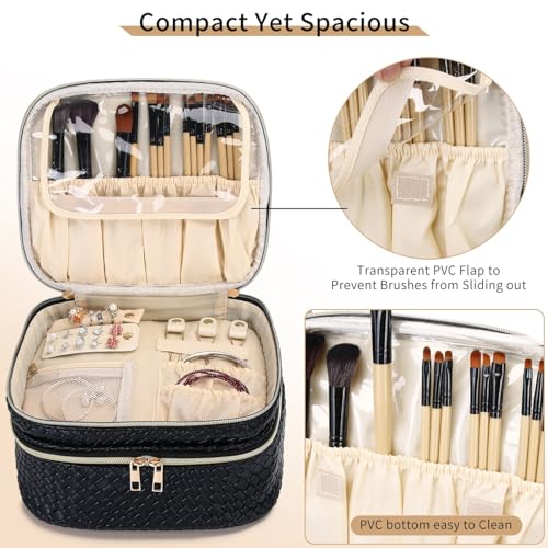 Pinkmik Travel Makeup Bag for Women Double Layer Cosmetic Bag with Jewelry Organizer Large Waterproof Toiletry Bag for Traveling Portable Makeup Storage Box (A/Black)