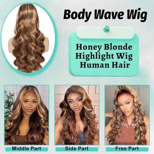 Highlight Ombre 13x6 Lace Front Wig Human Hair 220% Density Honey Blonde Ombre Highlight Body Wave Human Hair Wig Pre Plucked with Baby Hair 4/27 Highlight Wigs for Women 28 Inch