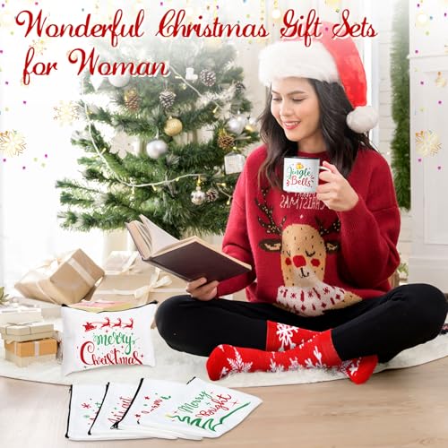 18 Pcs Christmas Gifts Set Merry Xmas Makeup Bags Enamel Mugs Christmas Socks Bulk 2025 Gifts Santa Snowflake Party Favors for Adults Women Coworkers Teacher Xmas Winter Party Supplies Decor