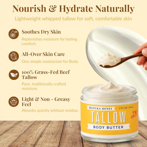 Manuka Honey + Rosehip Tallow 2oz Body Butter - Deeply Nourishing & Repairing Natural Skincare
