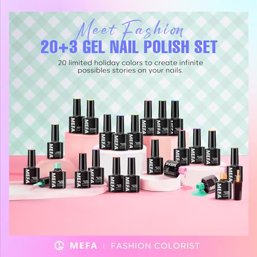 MEFA 23 PCS Gel Nail Polish Set, 20 Colors Neon Gel Polish with Glossy & Matte Top Base Coat, Summer Gel Nail Polish Colors Bright Yellow Hot Pink Navy Blue Green Nails Gifts for Women DIY Salon Home