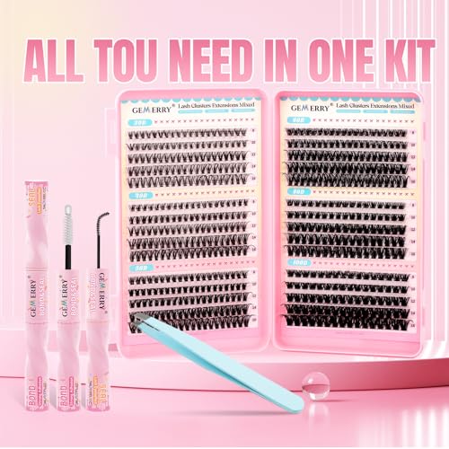 GEMERRY Lash Clusters Kit 565Pcs Eyelash Extensions Kit Individual Lashes D Curl Fluffy Wispy False Eyelashes with Lash Bond and Seal and Tweezers(30D+40D+50D+60D+80D+100D, 8-16mm)