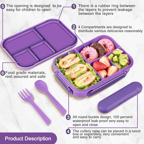 Amathley Lunch Box Kids,Bento Box Adult,Leakproof Lunch Containers for Adults/Kids/Toddler,1200ML-4 Compartments bento Lunch box with Utensil,Microwave & Dishwasher & Freezer Safe (Purple)