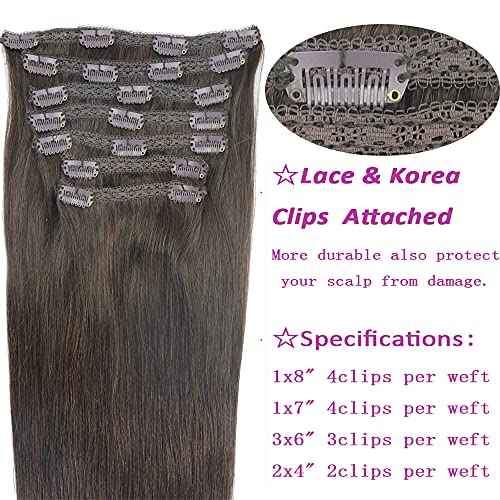Real Human Remy Hair Lace Clip In Hair Extensions 18inch Finsih at 18.5inch 120g Color #2 Dark Brown Double Wefted Thick Ends Silky Soft Long Lifespan Tangle Free Human Hair Extensions