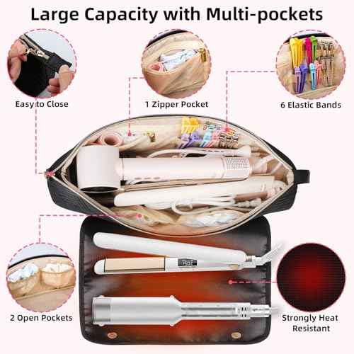 Hair Tools Travel Bag with Heat Resistant Mat, Portable Hair Tool Organizer Travel Carrying Case for Straightener, Flat Iron, Curling Iron, Hair Dryer& Hair Styling Accessories Women (Black)