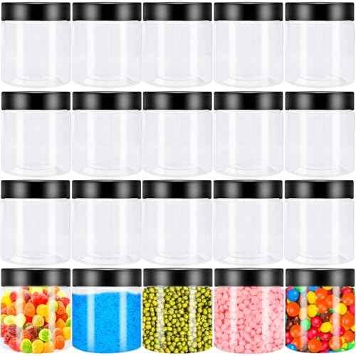 20Pcs 4oz Plastic Slime Containers with Black Lids,Round Refillable Travel Storage Sealed Jars Clear Wide Mouth Container for Candy,Food Storage,Makeup,Cosmetics,Lotions,Eye Shadow,Cream,Samples