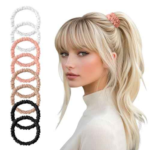8Pcs Silk Scrunchies Hair Ties for Women & Girls, Mulberry Silk Scrunchies No-Damage Thin Satin Ponytail Holders for Hair Care