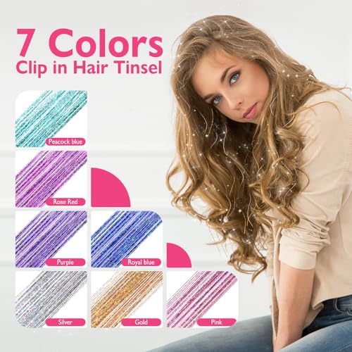 Pack of 18 Pcs Clip in Hair Tinsel Kit, 23.6 Inch Heat Resistant Glitter Tinsel Hair Extensions, Fairy Hair Sparkle Strands Party Birthday Gift Hair Accessories for Women Girls Kids(Gold)