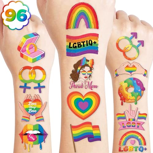 96PCS Happy Pride Month LGBT Rainbow Flag Pre-Cut Temporary Tattoos for Kids | Super Cute Themed Birthday Party Favors, Supplies, Decorations, Fake Tattoo Stickers, School Rewards & Gifts Boys & Girls