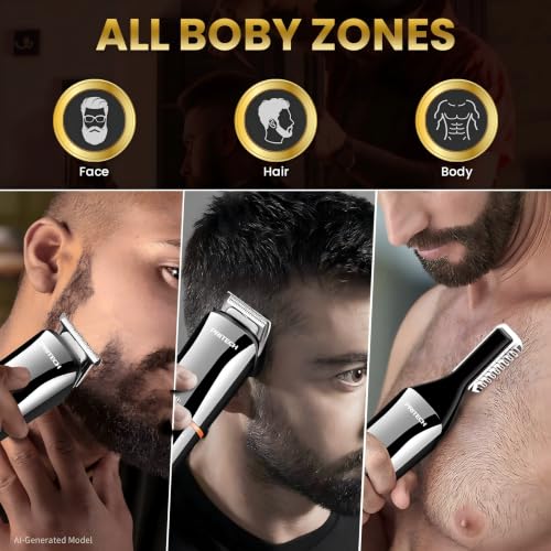 PRITECH 6-in-1 Cordless Grooming Kit with Silver Attachment Heads – Hair, Beard, Nose & Ear Trimmer