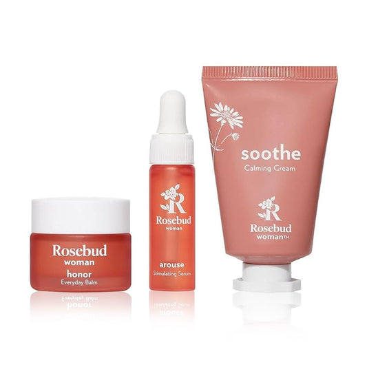 Rosebud Woman Ritual Travel Kit, Limited Edition - 3pcs Set Includes Honor Balm, Soothe Calming Cream & Arouse Stimulating Serum - Intimate & Body Self-Care