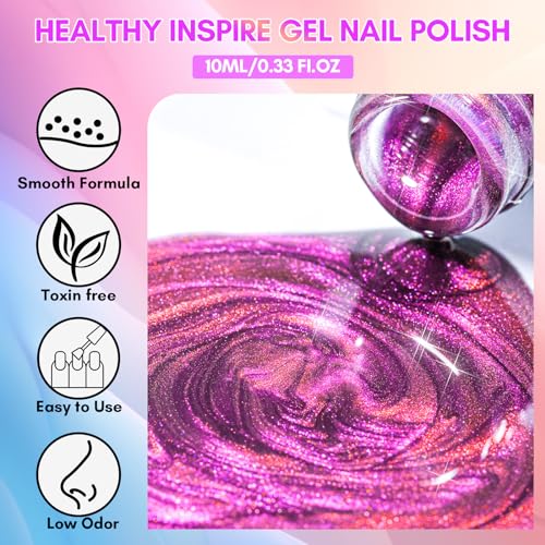 Makartt Holographic Cat Eye Gel Nail Polish with Magnet Stick 9D Glitter Nail Gel Soak Off Double Flashes Effect Dopamine Gel Nail Polish Manicure Home DIY Gift(Violet Garden)