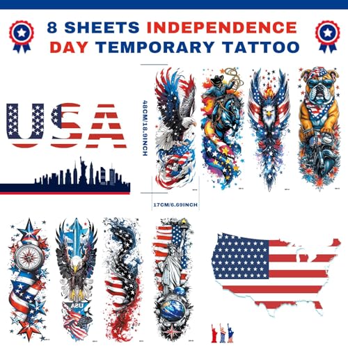 USA Flag Temporary Tattoos - 8 Sheet Patriotic Set, Waterproof