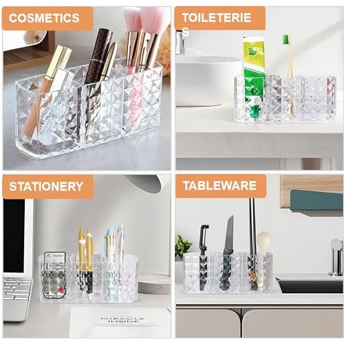 KNC 3 Compartment Acrylic Cosmetic Brushes Storage,Makeup Brush Holder Organizer,Perfect Bathroom Vanity Storage Solution for Makeup Brushes,Eyebrow Pencils,Lipsticks,Nail Polishes, and More