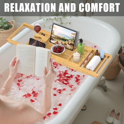 Bamboo Bathtub Tray Caddy | Expandable Bath Organizer